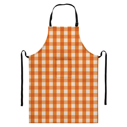 Burnt Orange And White Check Print Bib Apron With Pocket