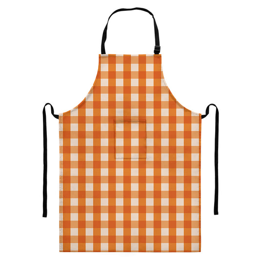 Burnt Orange And White Check Print Bib Apron With Pocket