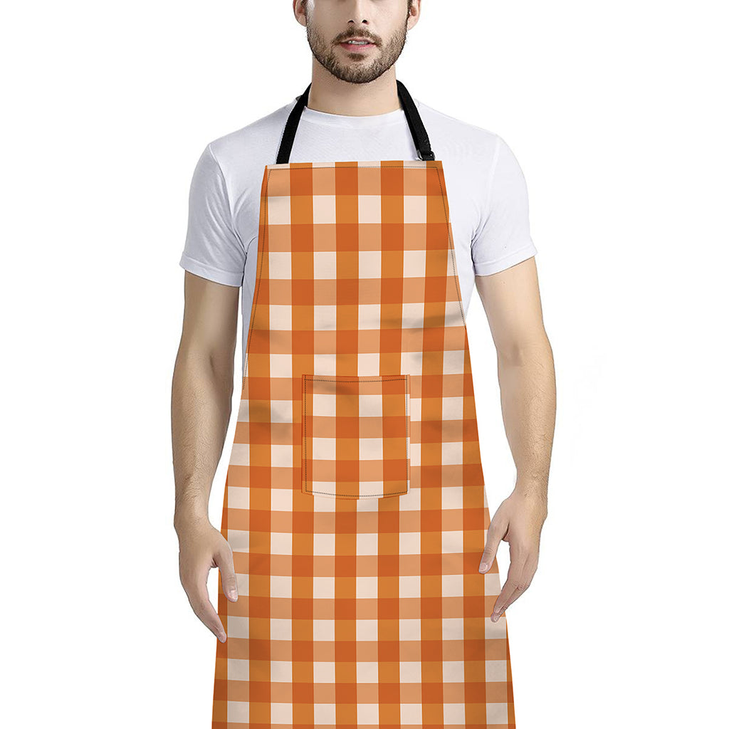 Burnt Orange And White Check Print Bib Apron With Pocket