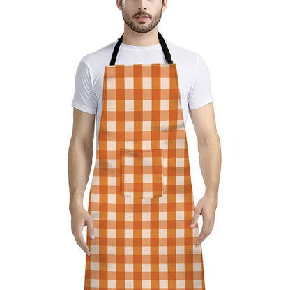 Burnt Orange And White Check Print Bib Apron With Pocket