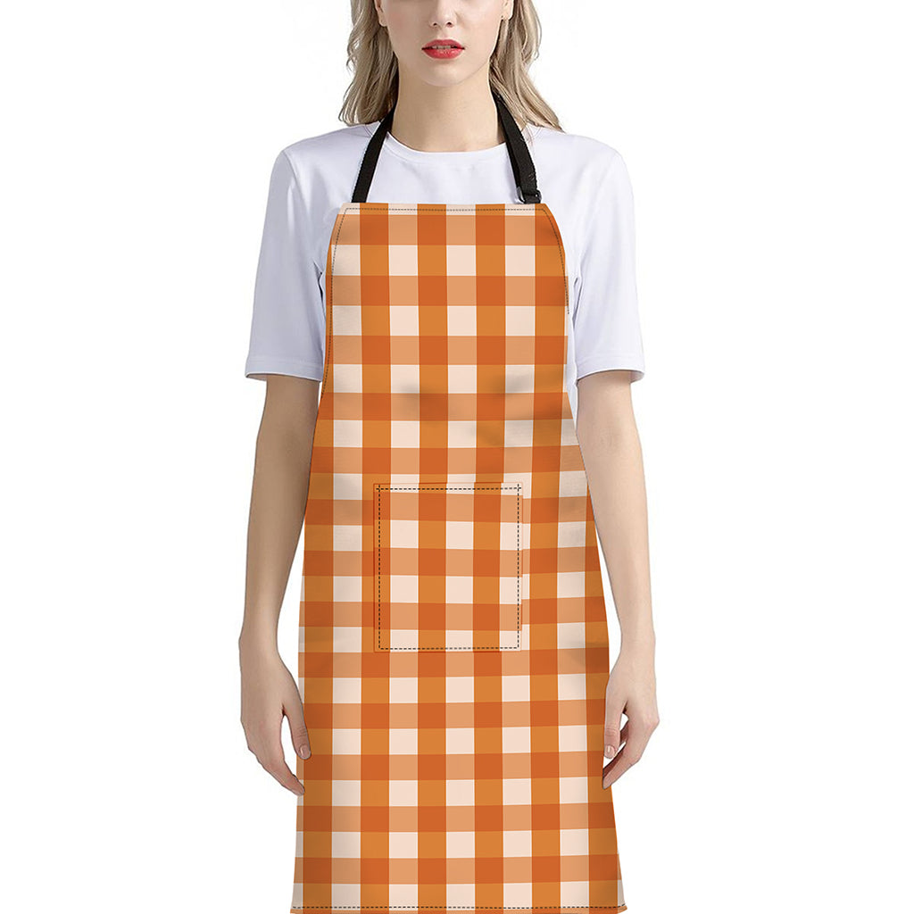 Burnt Orange And White Check Print Bib Apron With Pocket