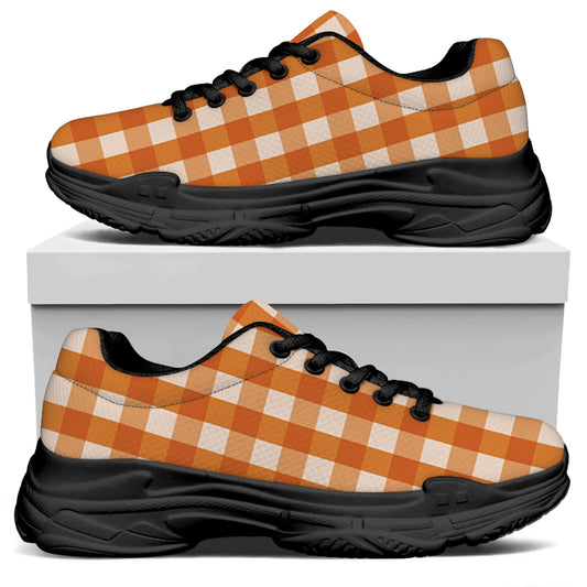 Burnt Orange And White Check Print Black Chunky Shoes