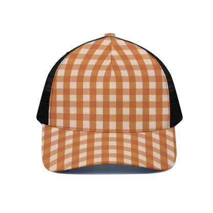 Burnt Orange And White Check Print Black Mesh Trucker Cap