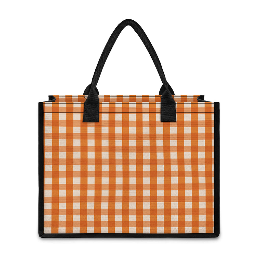 Burnt Orange And White Check Print Canvas Tote Bag
