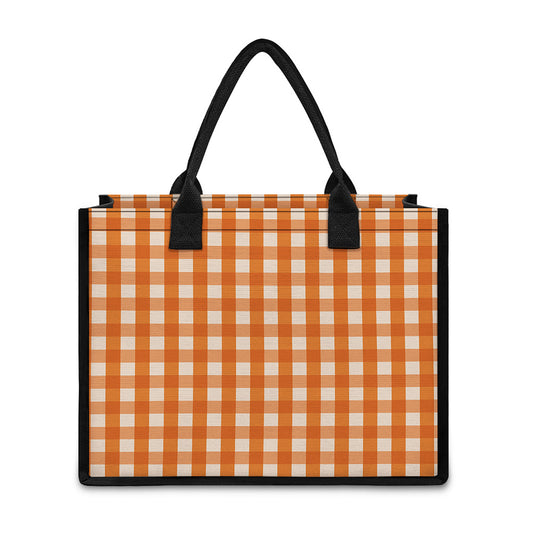 Burnt Orange And White Check Print Canvas Tote Bag