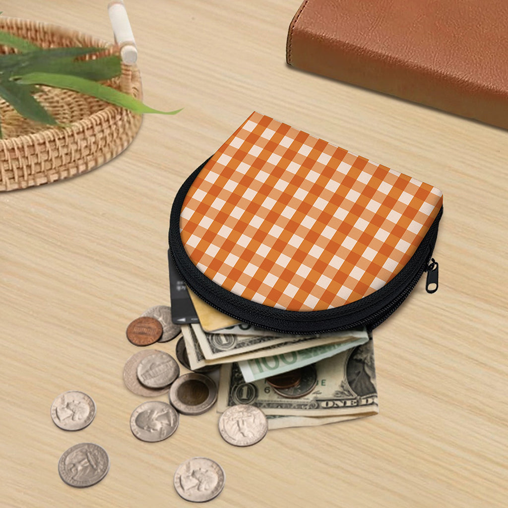 Burnt Orange And White Check Print Coin Purse