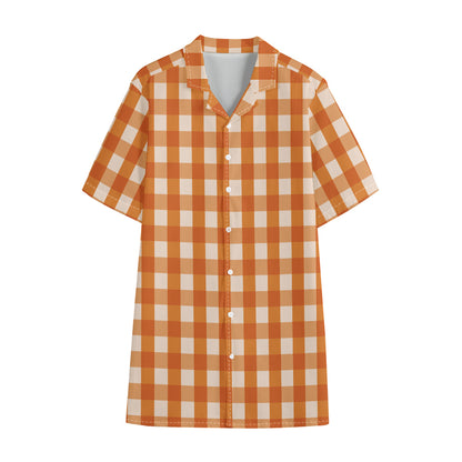 Burnt Orange And White Check Print Cotton Hawaiian Shirt