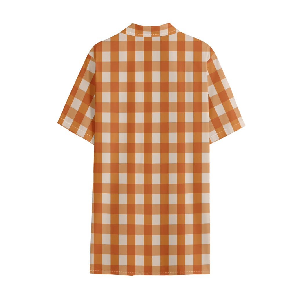 Burnt Orange And White Check Print Cotton Hawaiian Shirt