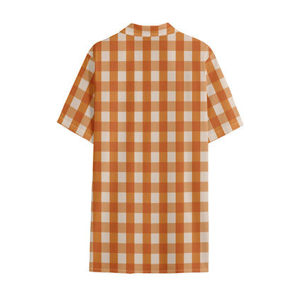 Burnt Orange And White Check Print Cotton Hawaiian Shirt