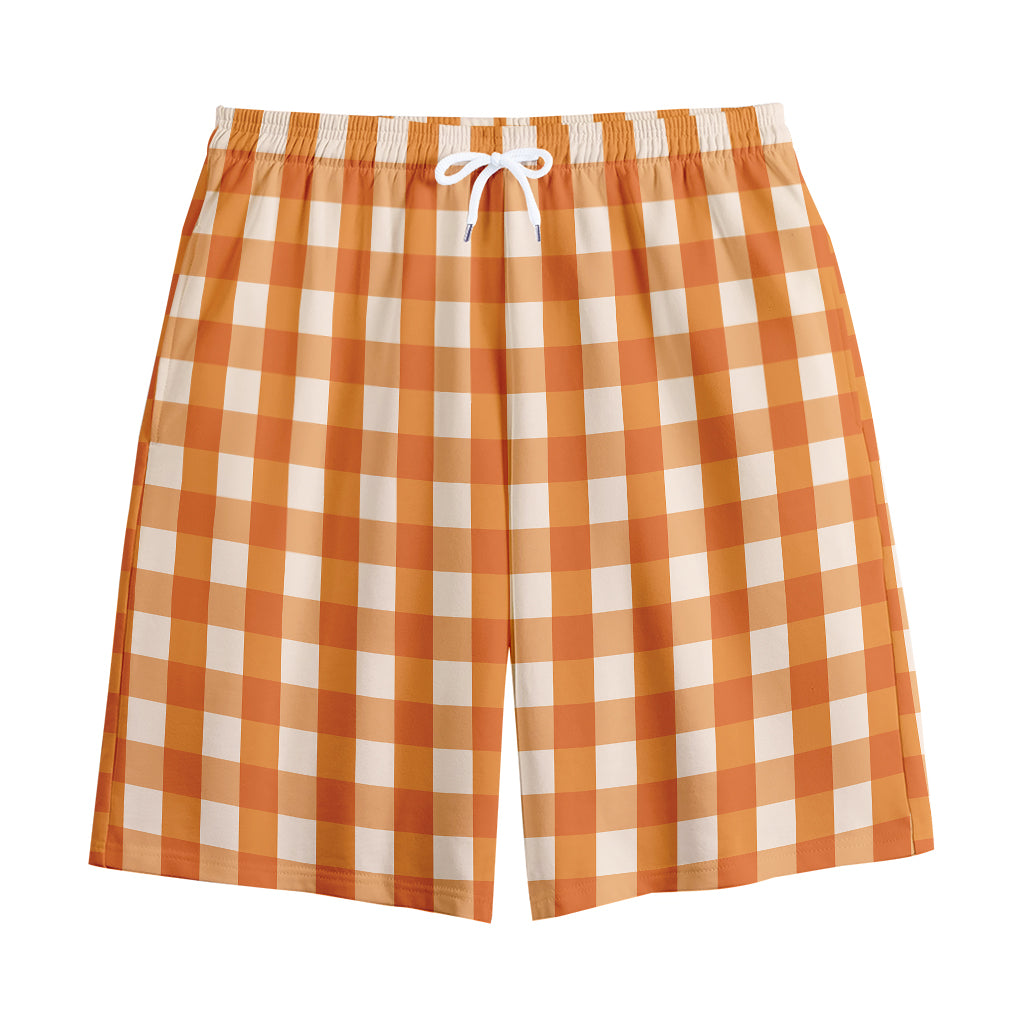 Burnt Orange And White Check Print Cotton Shorts