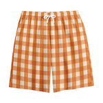 Burnt Orange And White Check Print Cotton Shorts