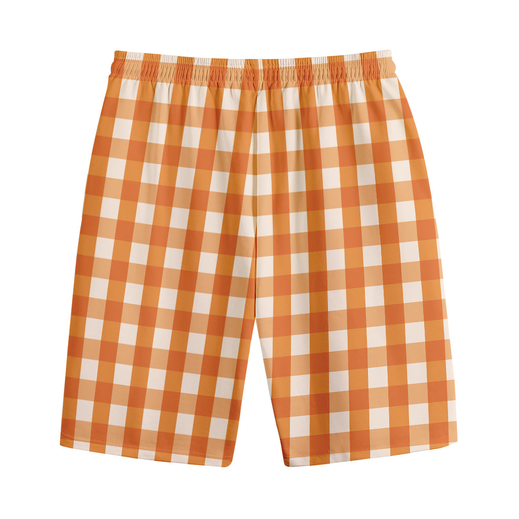 Burnt Orange And White Check Print Cotton Shorts