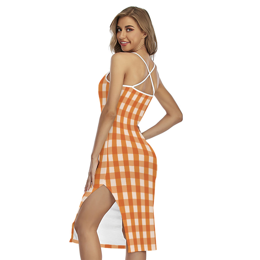 Burnt Orange And White Check Print Cross Back Cami Dress