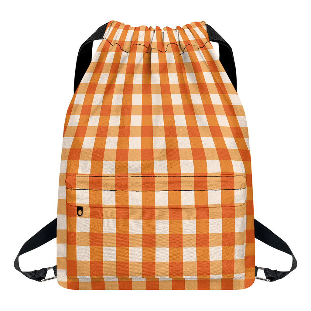 Burnt Orange And White Check Print Drawstring Backpack