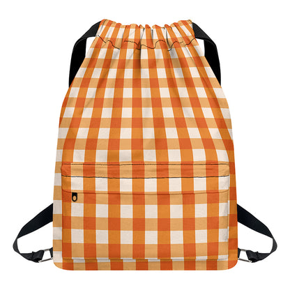 Burnt Orange And White Check Print Drawstring Backpack