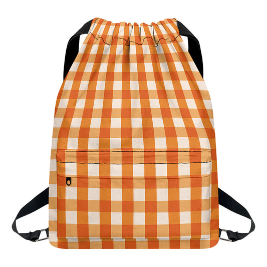 Burnt Orange And White Check Print Drawstring Backpack