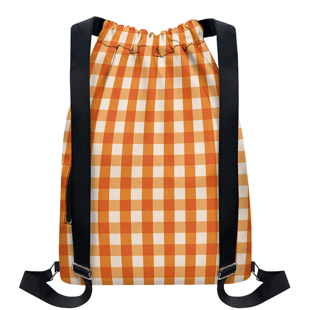 Burnt Orange And White Check Print Drawstring Backpack