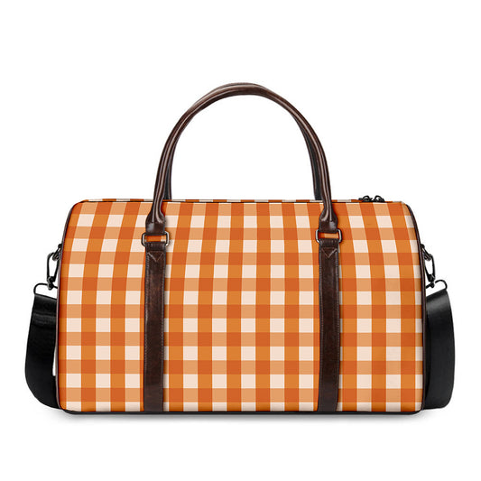 Burnt Orange And White Check Print Duffle Bag