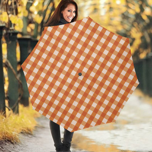 Burnt Orange And White Check Print Foldable Umbrella