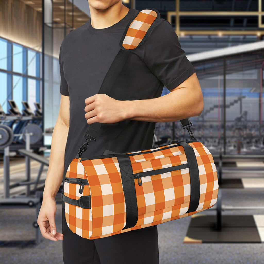 Burnt Orange And White Check Print Gym Bag
