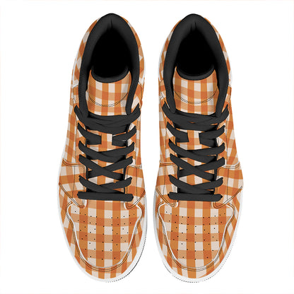 Burnt Orange And White Check Print High Top Leather Sneakers