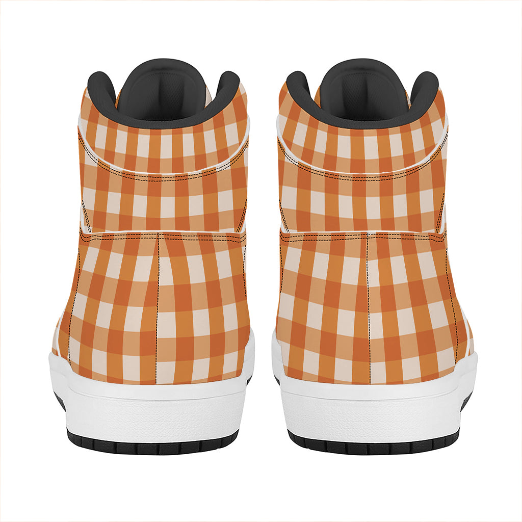 Burnt Orange And White Check Print High Top Leather Sneakers