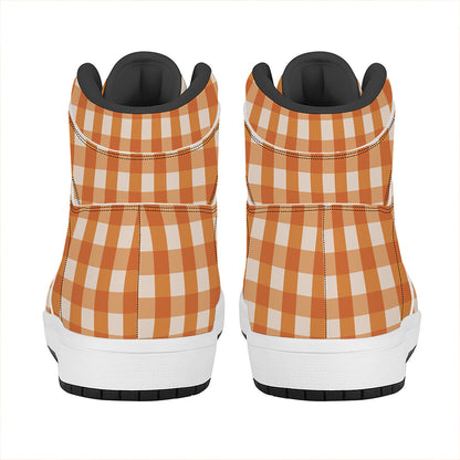 Burnt Orange And White Check Print High Top Leather Sneakers