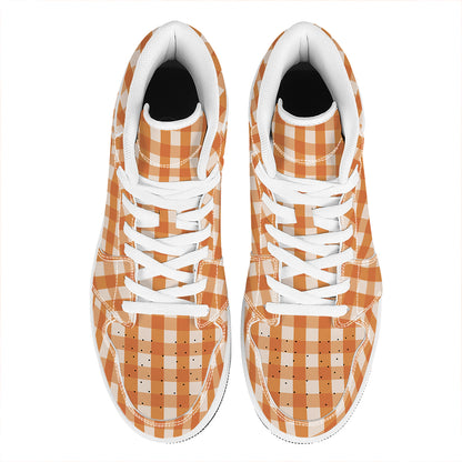Burnt Orange And White Check Print High Top Leather Sneakers