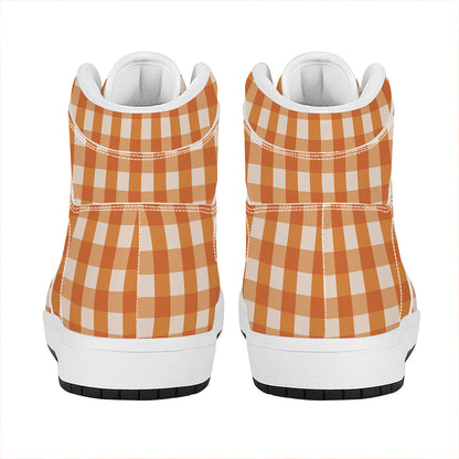 Burnt Orange And White Check Print High Top Leather Sneakers