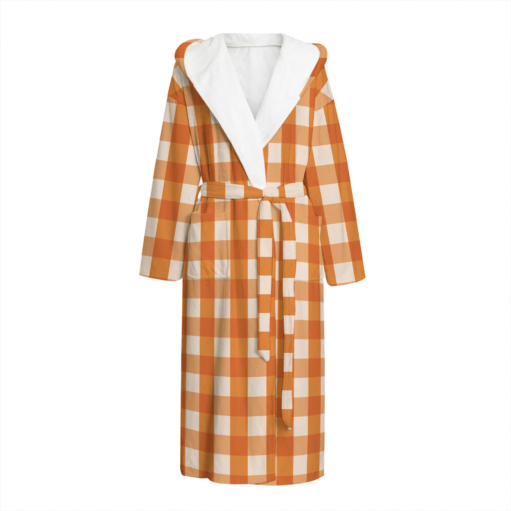 Burnt Orange And White Check Print Hooded Bathrobe