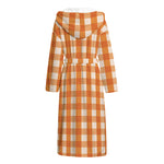 Burnt Orange And White Check Print Hooded Bathrobe