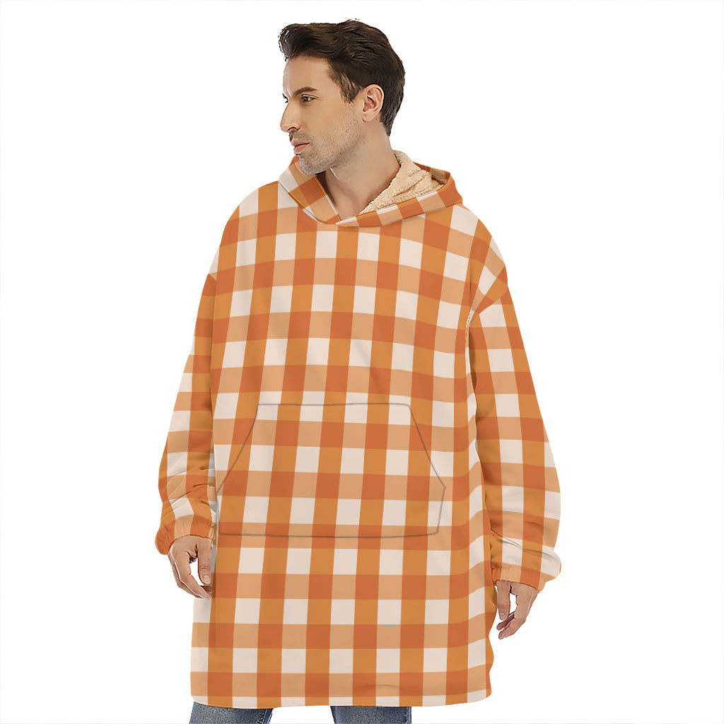 Burnt Orange And White Check Print Hoodie Blanket