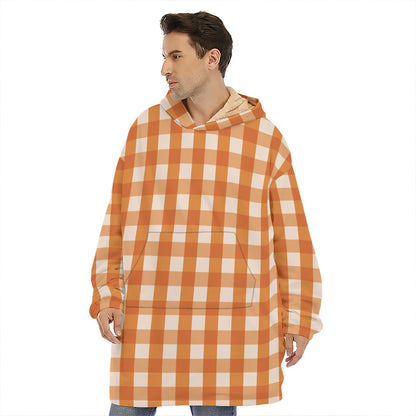 Burnt Orange And White Check Print Hoodie Blanket