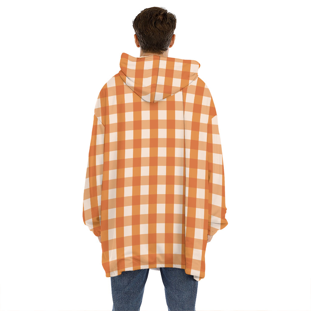 Burnt Orange And White Check Print Hoodie Blanket