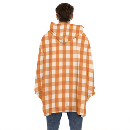 Burnt Orange And White Check Print Hoodie Blanket