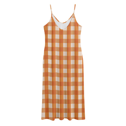 Burnt Orange And White Check Print Jersey Midi Cami Dress