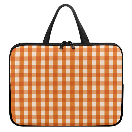 Burnt Orange And White Check Print Laptop Sleeve With Handle