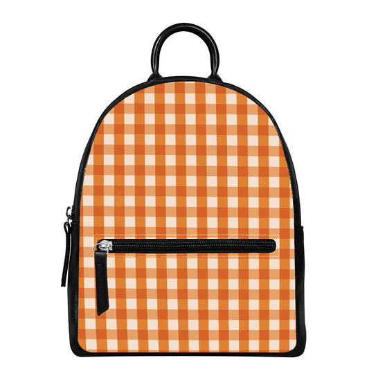 Burnt Orange And White Check Print Leather Backpack