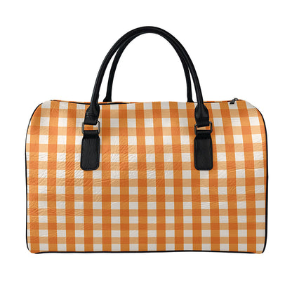 Burnt Orange And White Check Print Leather Duffle Bag