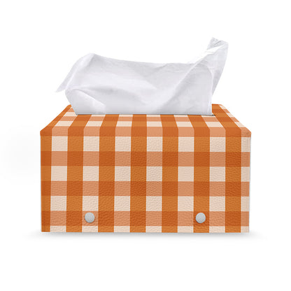 Burnt Orange And White Check Print Leather Tissue Box Cover