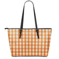Burnt Orange And White Check Print Leather Tote Bag With Zipper