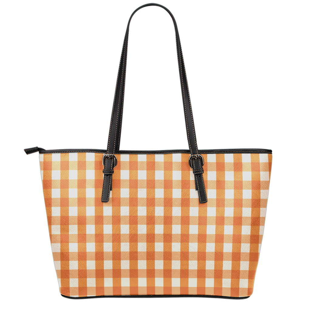 Burnt Orange And White Check Print Leather Tote Bag