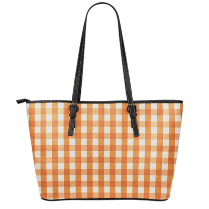 Burnt Orange And White Check Print Leather Tote Bag