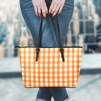 Burnt Orange And White Check Print Leather Tote Bag