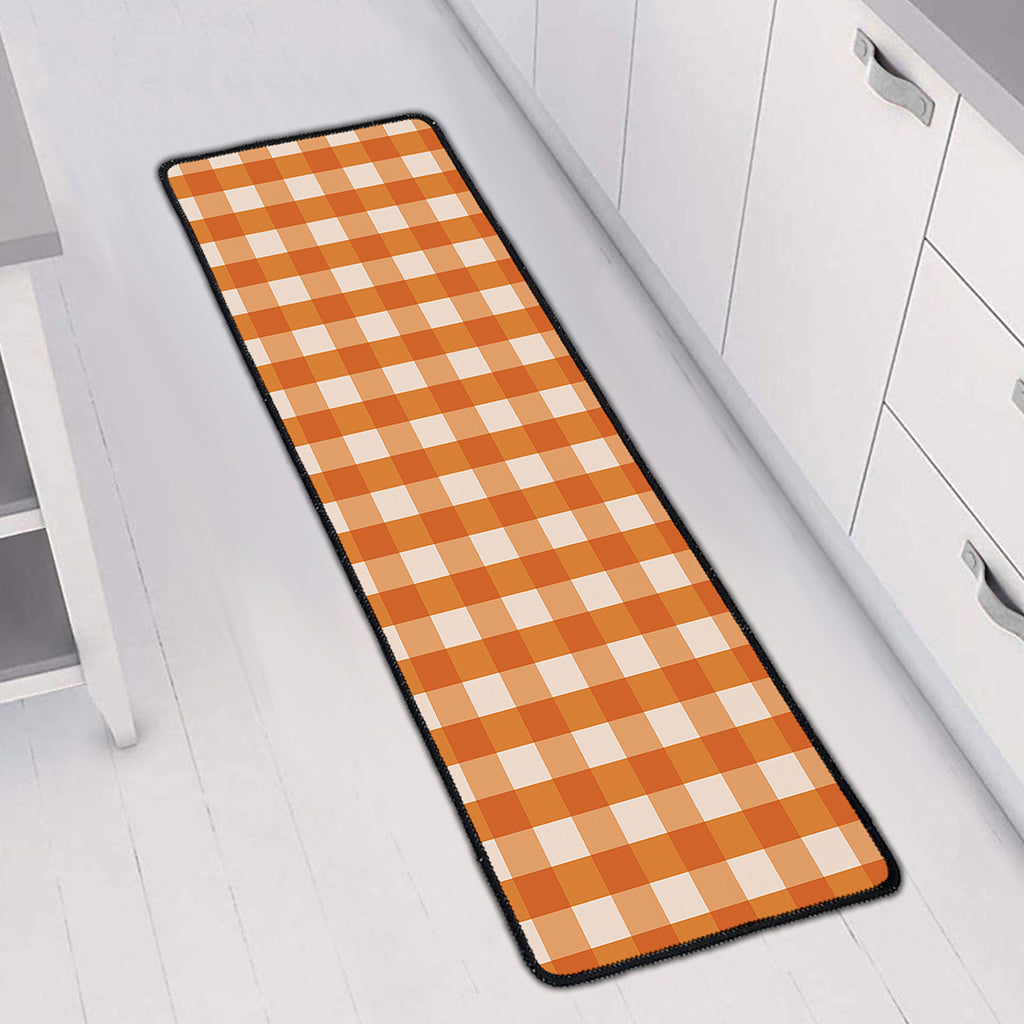 Burnt Orange And White Check Print Long Kitchen Mat