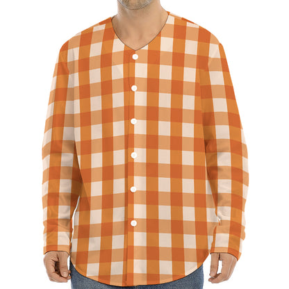 Burnt Orange And White Check Print Long Sleeve Baseball Jersey