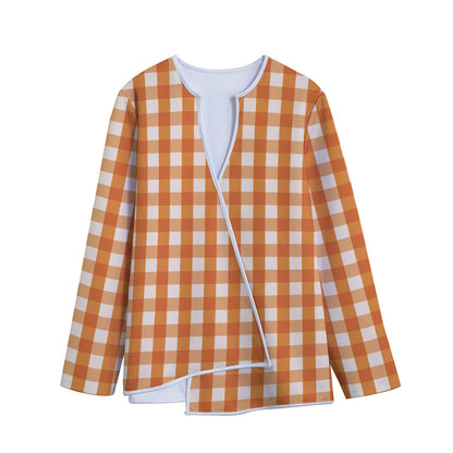Burnt Orange And White Check Print Long Sleeve Short Coat