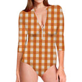 Burnt Orange And White Check Print Long Sleeve Swimsuit