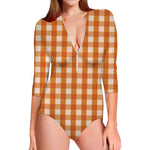 Burnt Orange And White Check Print Long Sleeve Swimsuit