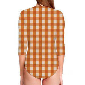 Burnt Orange And White Check Print Long Sleeve Swimsuit